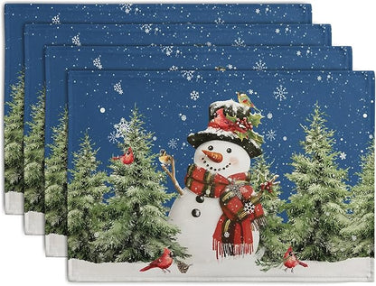 Blue Snowman Christmas Placemats Set of 4 Xmas Tree Cardinal Snowflakes Linen by Wnoesat