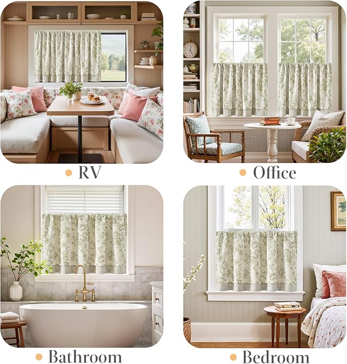 jinchan Linen Kitchen Curtain 36 Inch French Floral Double Layer Curtain - Image 5