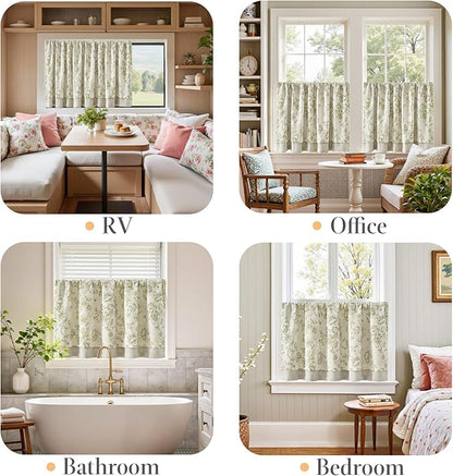 jinchan Linen Kitchen Curtain 36 Inch French Floral Double Layer Curtain - Image 5