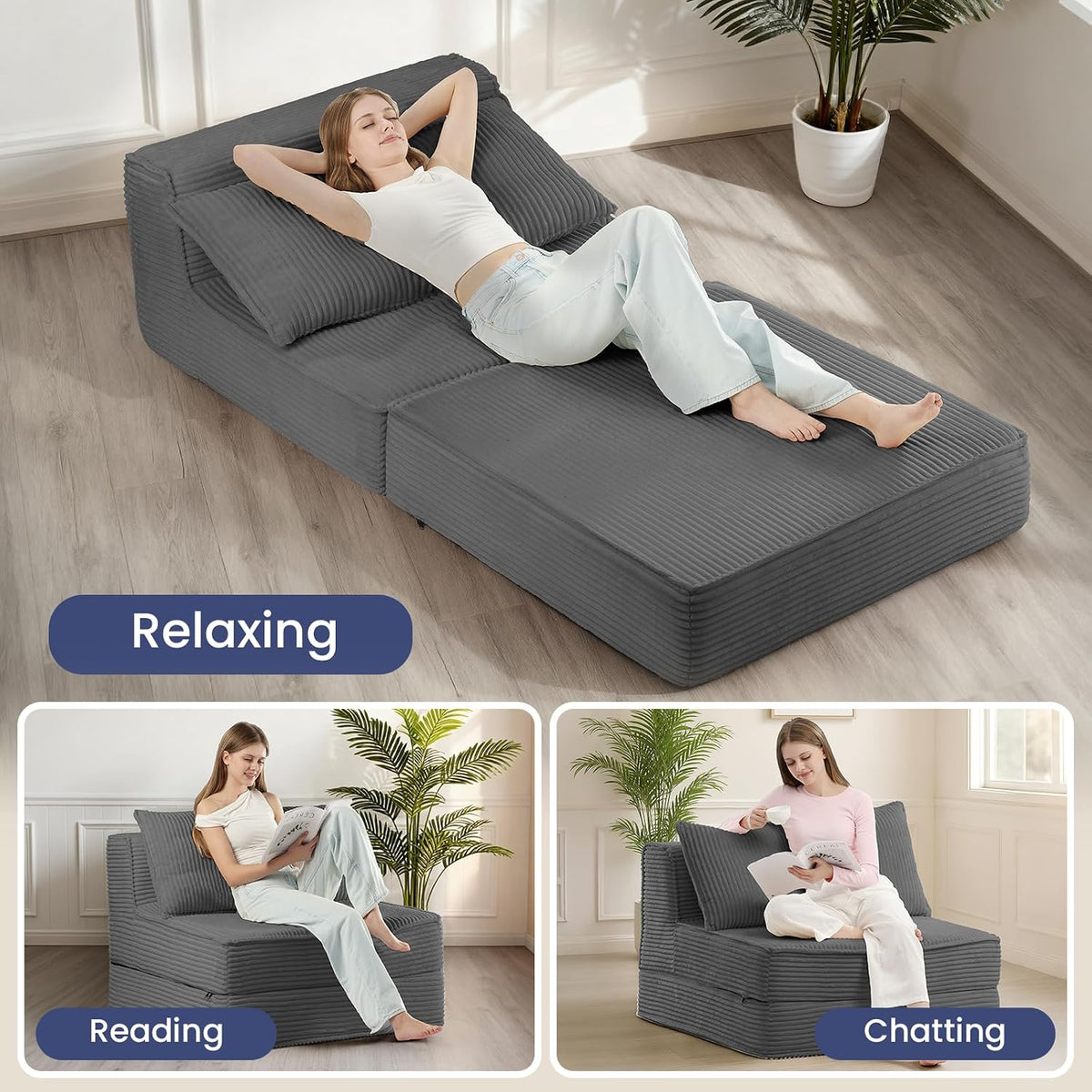 folding sofa bed, convertible sleeper chair with pillow,corduroy showing dimensions