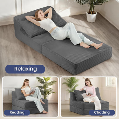 folding sofa bed, convertible sleeper chair with pillow,corduroy showing dimensions