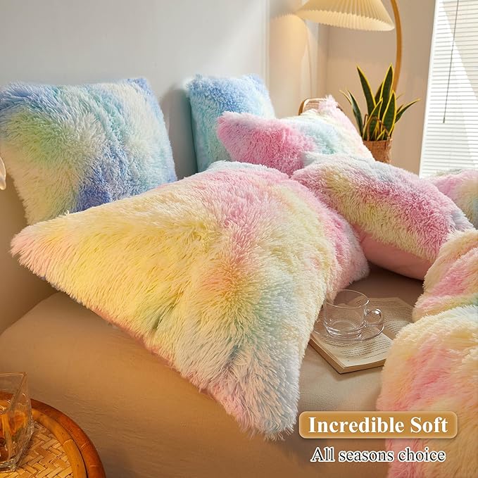 XeGe Rainbow Faux Fur Fluffy Throw Pillow Cases, Plush Shaggy Soft Furry - Image 5