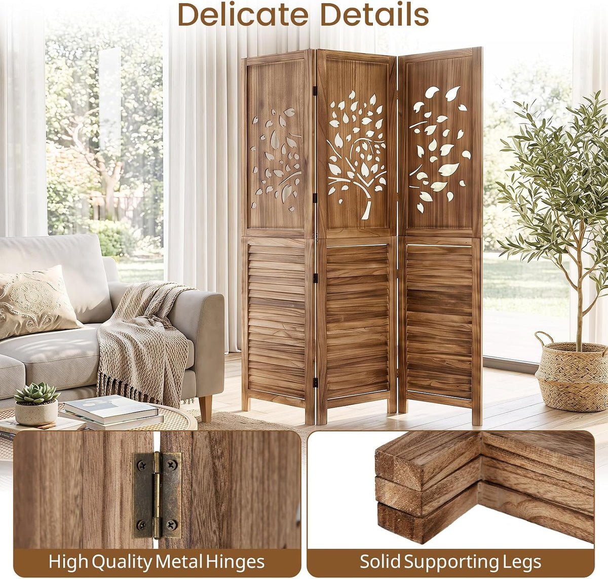 giantex 3 panel folding room divider with tree showing dimensions