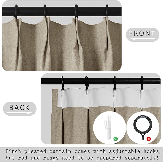 Macochico Pinch Pleated Blackout Curtains 102 Inches Long 100% Blackout Natural - Image 4