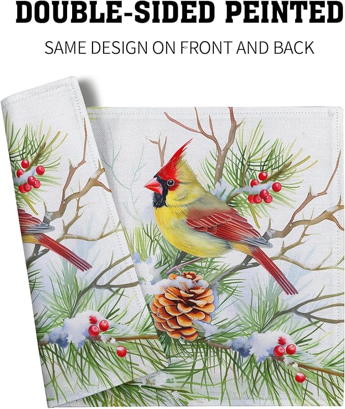 Giwawa Winter Birds Placemats Set of 4, Christmas Tree Holly Berry Pine Cones - Image 5