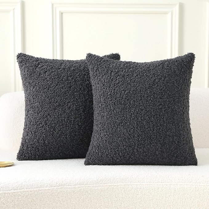 FUTEI Charcoal Throw Pillow Covers 24x24 Inch Set of 2, Furry Faux Fur Teddy by FUTEI