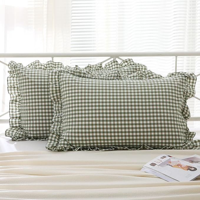 2 Pack Sage Green Gingham Ruffle Pillow Shams King Size, 100% Washed Cotton by KMASANIJI
