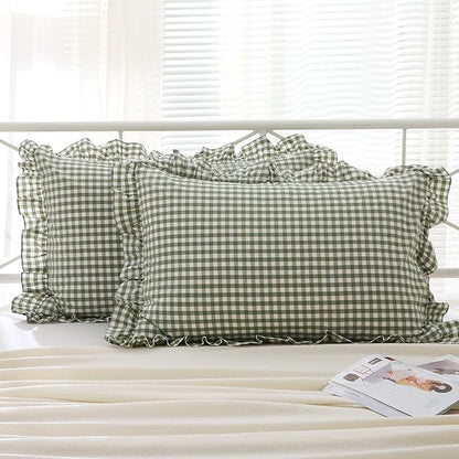 2 Pack Sage Green White Plaid Ruffle Pillow Shams Standard Size, 100% Washed by KMASANIJI