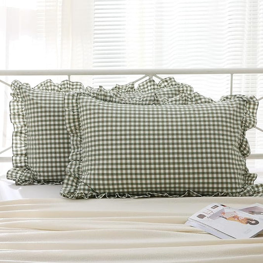2 Pack Sage Green White Plaid Ruffle Pillow Shams Standard Size, 100% Washed by KMASANIJI