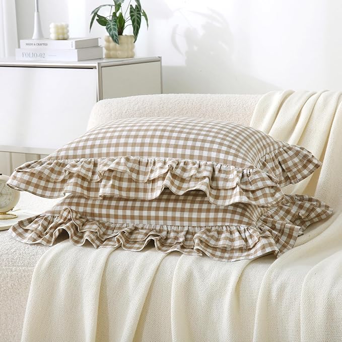 Aryeleay 2 Pack Taupe White Plaid Ruffle Throw Pillow Covers, 100% Cotton - Image 2