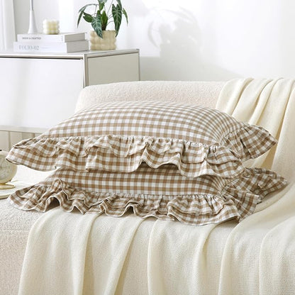 Aryeleay 2 Pack Taupe White Plaid Ruffle Throw Pillow Covers, 100% Cotton - Image 2
