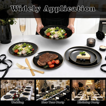 YOUBET 125PCS Black Plastic Plates with Gold Rim for Halloween