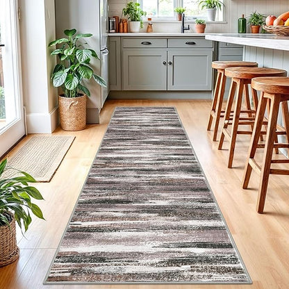 Modern Abstract Runner Rug 2.6x10, Dark Light Brown White Washable Long Kitchen - Image 2