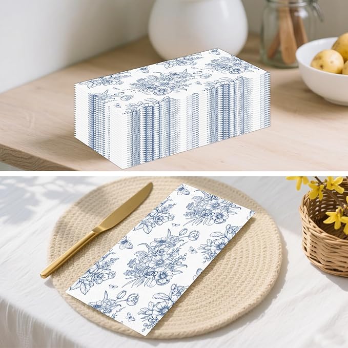 100 PCS Blue Floral Paper Napkins, Disposable Blue & White Flowers Bathroom - Image 5