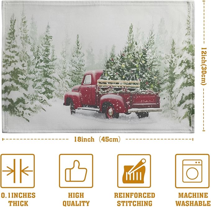 Red Truck Christmas Placemats Set of 4, 12x18 Inch Green Pine Tree Snow Xmas - Image 4