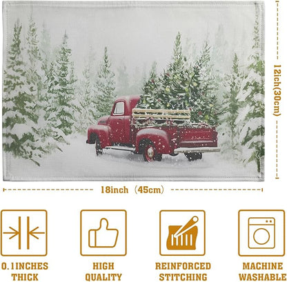 Red Truck Christmas Placemats Set of 4, 12x18 Inch Green Pine Tree Snow Xmas - Image 4
