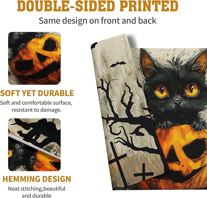 Halloween Black Cat Pumpkin 12x18 Placemats Set of 4 Happy Halloween Bat Branch - Image 5