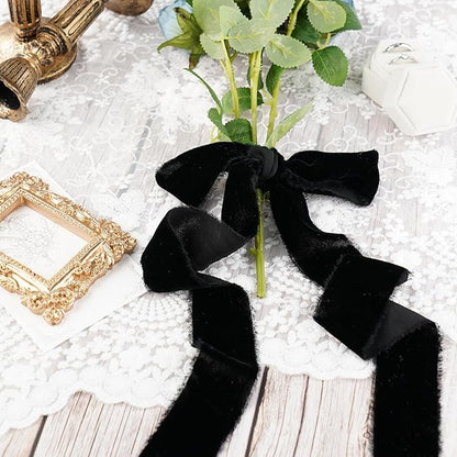 Black Velvet Ribbon 1.5 Inch Black Frayed Silk Velvet Ribbon Rustic Christmas - Image 3