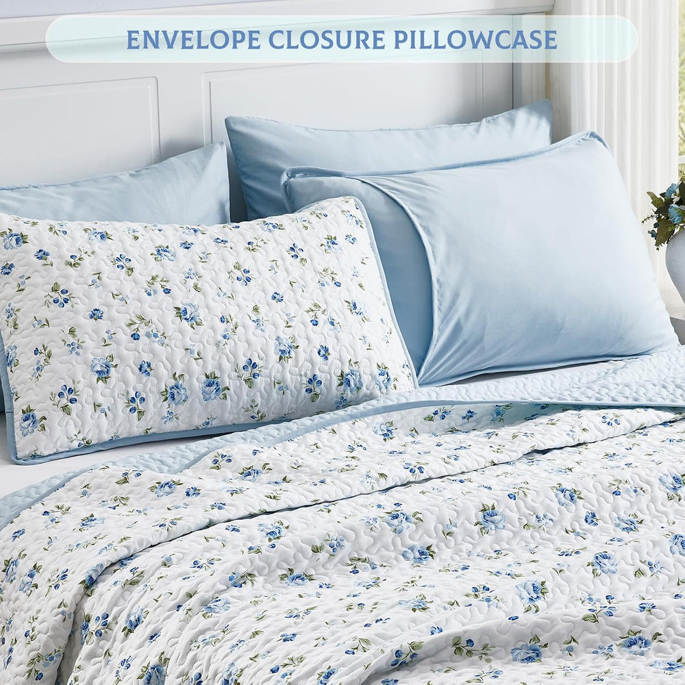 Queen/Full Size Floral Quilt Set Blue Shabby Chic Flower Bedspreads Set