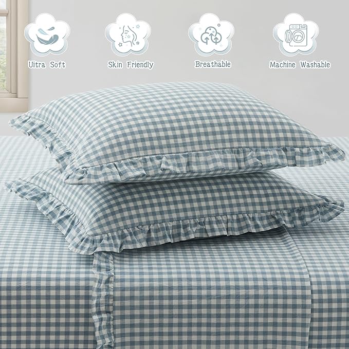 KKJIAF 2 Pcs Plaid Ruffle Pillow Case Queen Size, Cotton Gingham Ruffled Euro - Image 5