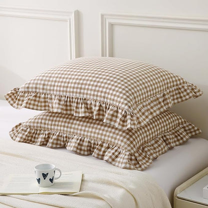 Aryeleay 2 Pack Taupe White Plaid Gingham Ruffle Pillow Shams King Size - Image 2