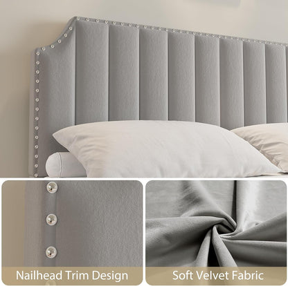 garvee king size velvet bed frame, upholstered platform, close-up detail