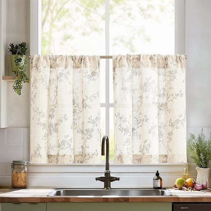 jinchan Gray Floral Kitchen Curtains 30 Inch Linen Tier Curtains Farmhouse Cafe by JINCHAN