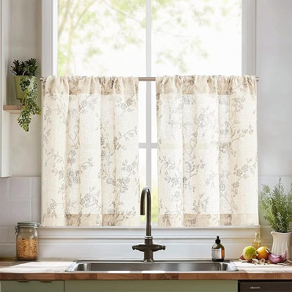 jinchan Gray Floral Kitchen Curtains 30 Inch Linen Tier Curtains Farmhouse Cafe by JINCHAN