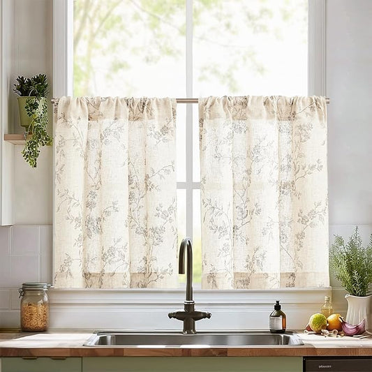 jinchan Gray Floral Kitchen Curtains 30 Inch Linen Tier Curtains Farmhouse Cafe by JINCHAN