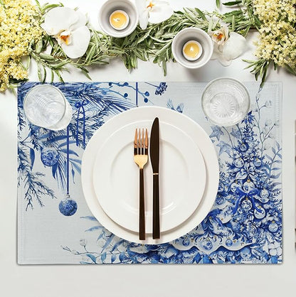 Blue and White Christmas Tree Placemats Set of 4, 12x18 Inch Chinoiserie Xmas - Image 3