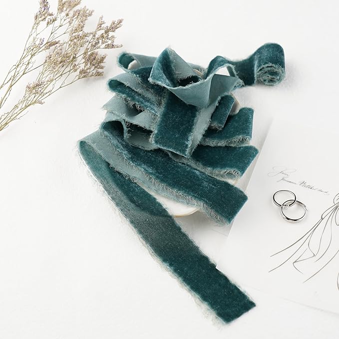 Steel Blue Silk Velvet Ribbon 1.5 Inch Blue Frayed Edge Ribbon Rustic Style - Image 4