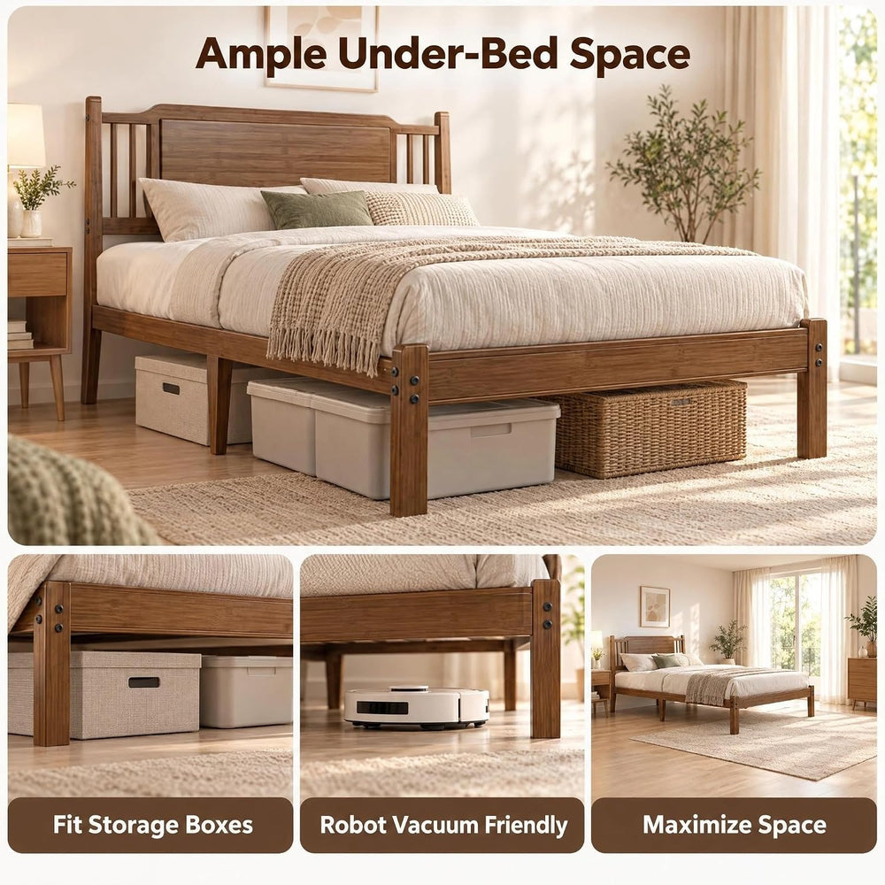 Twin XL 14" Solid Bamboo Wood Bed Frames with Headboard, Brown