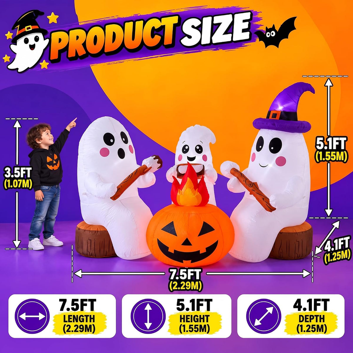 ZPISF 7.5 FT Halloween Inflatables 3 Cute Ghosts Roasting Marshmallows by Campfire, Built-in LED Lights Outdoor Yard Garden Patio Holiday Party Decorations
