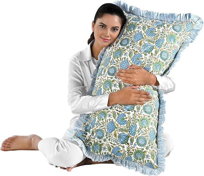 Ridhi Asparagus Green 100% Cotton Block Print Ruffle Bed Sham Cover 20''×36'' - Image 7