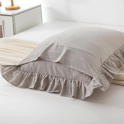 Aryeleay 2 Pack Brown White Plaid Ruffle Throw Pillow Covers, 100% Cotton - Image 4