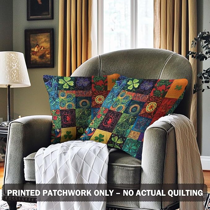 Printed Patchwork Shamrock Throw Pillow Covers 18x18 Set of 2 | St. Patrick’s - Image 2