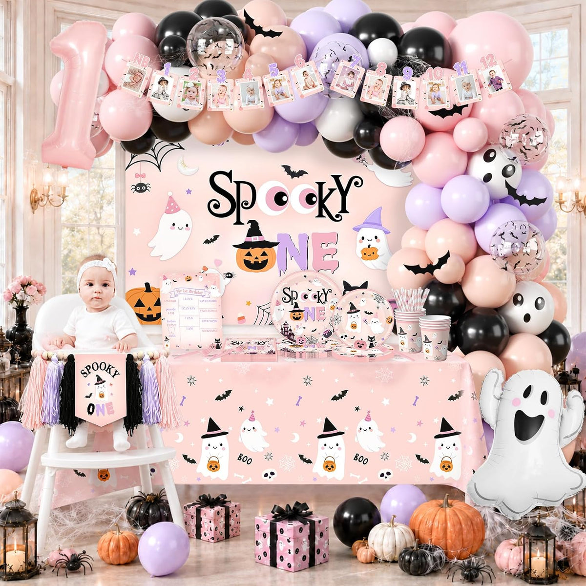 Spooky One Birthday Decorations Girl, 276 Pcs Pink Halloween 1st Birthday Party Decorations with Spooky One Plates,Napkins,Banner,Backdrop,Tablecloth and Balloon Arch for Ghost First Birthday