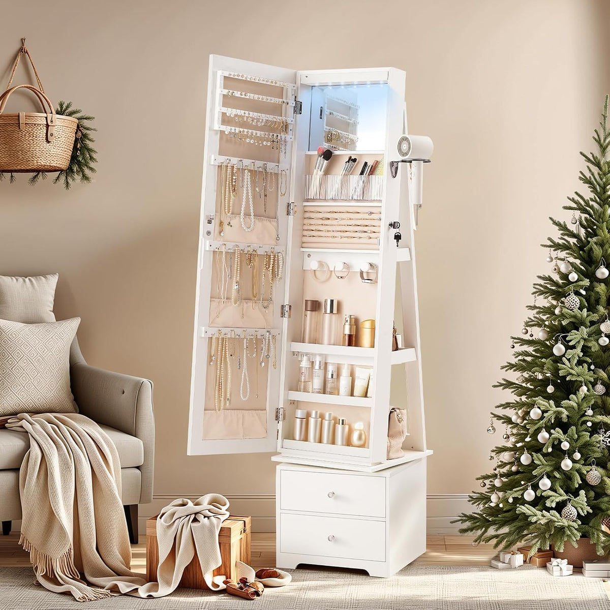 hoobro 360° swivel jewelry cabinet with led lights, side view
