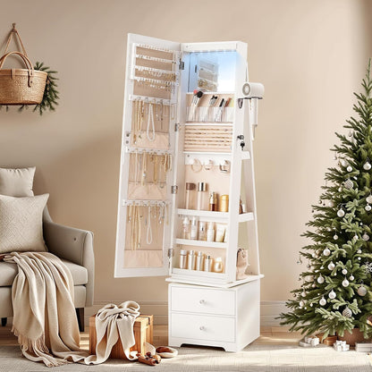 hoobro 360° swivel jewelry cabinet with led lights, side view