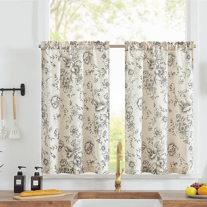jinchan Floral Linen Tier Curtains 36 Inch Farmhouse Botanic Cafe Drapes by JINCHAN