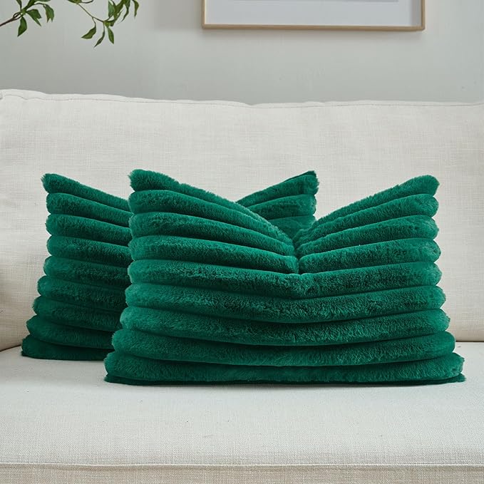FUTEI Emerald Green Throw Pillow Covers Set of 2, 12x20 Inch Striped Texture by FUTEI