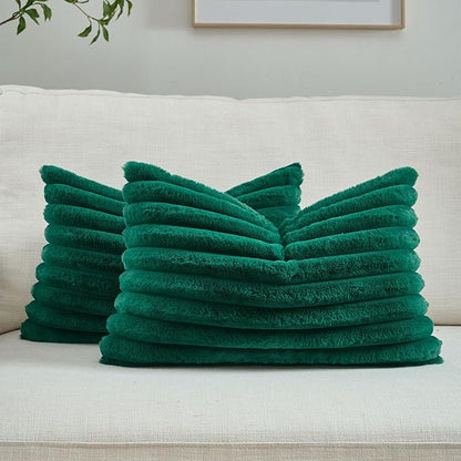 FUTEI Emerald Green Throw Pillow Covers Set of 2, 12x20 Inch Striped Texture by FUTEI