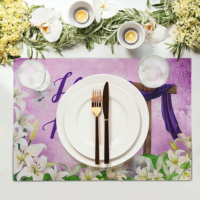 Giwawa He is Risen Placemats, Easter Cross Lamb Linen Washable Place Mat - Image 3