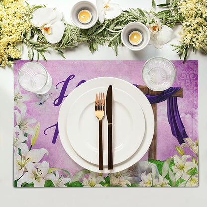 Giwawa He is Risen Placemats, Easter Cross Lamb Linen Washable Place Mat - Image 3