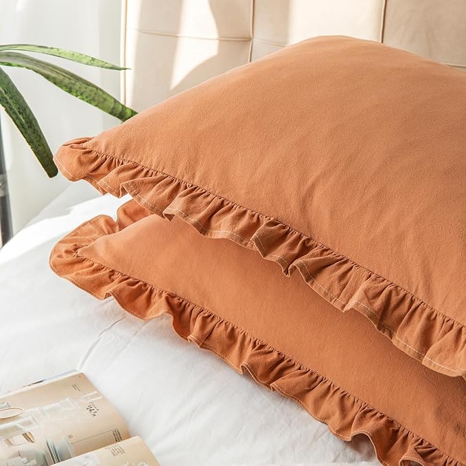 Pillow Shams Set of 2 Washed 100% Cotton Retro Ruffle Flounces Trim Solid Beige - Image 4