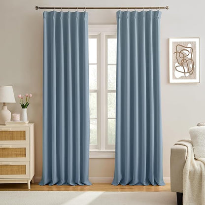 Slate Blue Blackout Curtains 90 Inches Long, Pinch Pleat by KEQIAOSUOCAI
