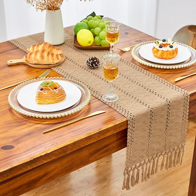 FEXIA Brown Table Runner Boho Fall Burlap Coffee - Image 4