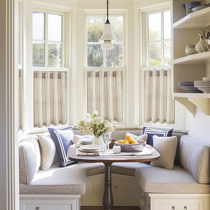 jinchan Striped Linen Kitchen Curtains 54 Inches Short Curtains Farmhouse - Image 3