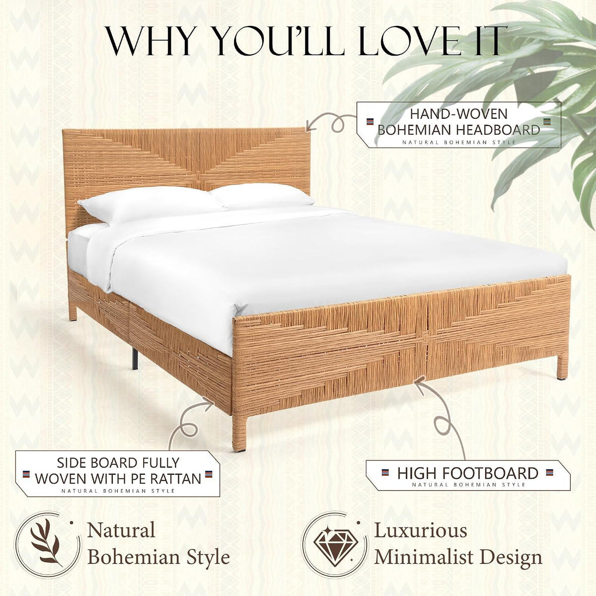 yechen boho full bed frame with headboard and, side view
