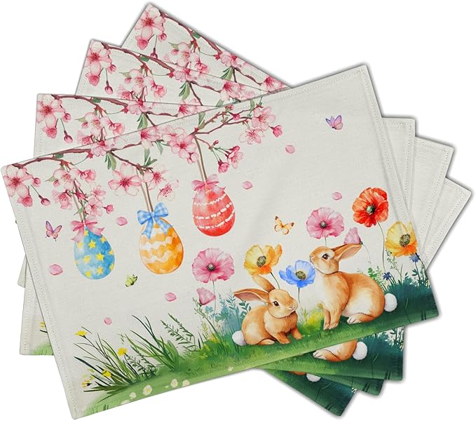 Giwawa Easter Placemats Set of 4 Spring Bunny Rabbits Flowers Place Mat 12x18 - Image 2
